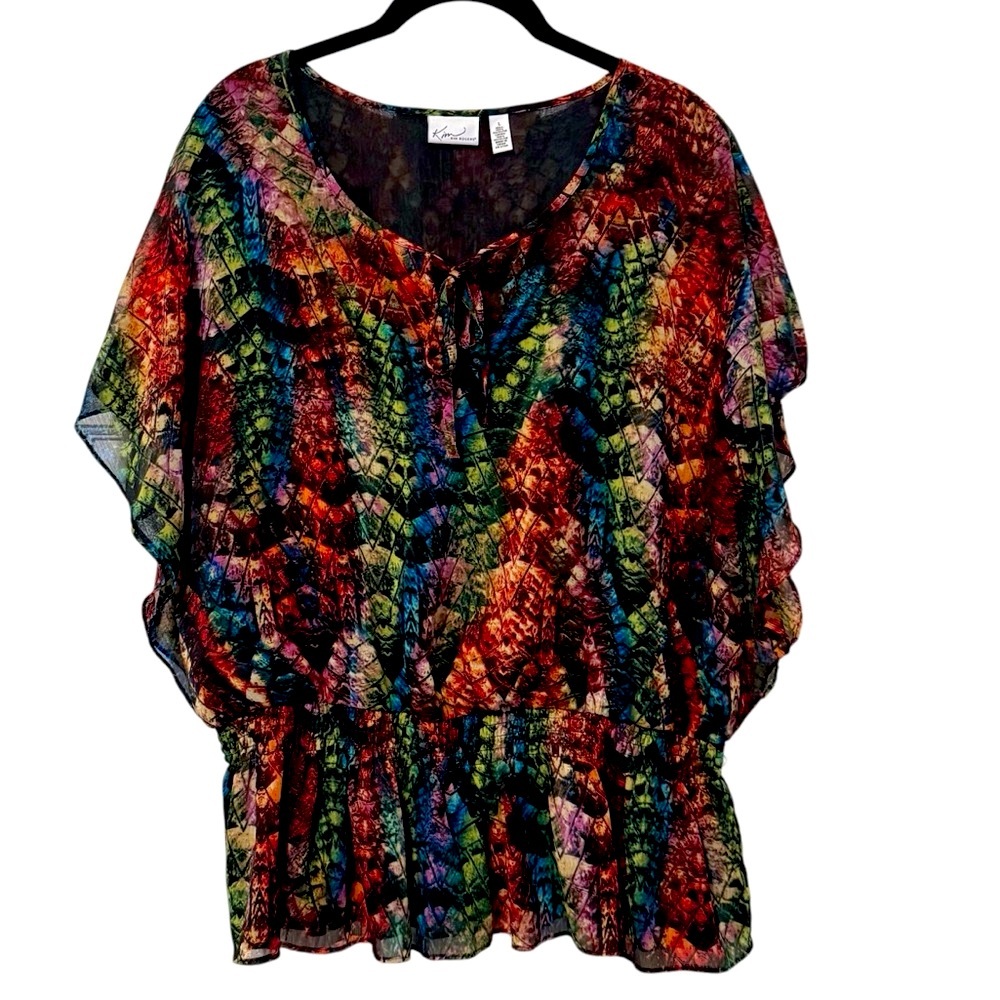 Kim Rogers Short Sleeve Keyhole‎ Neck Peasant Blouse Multicolor Size Large